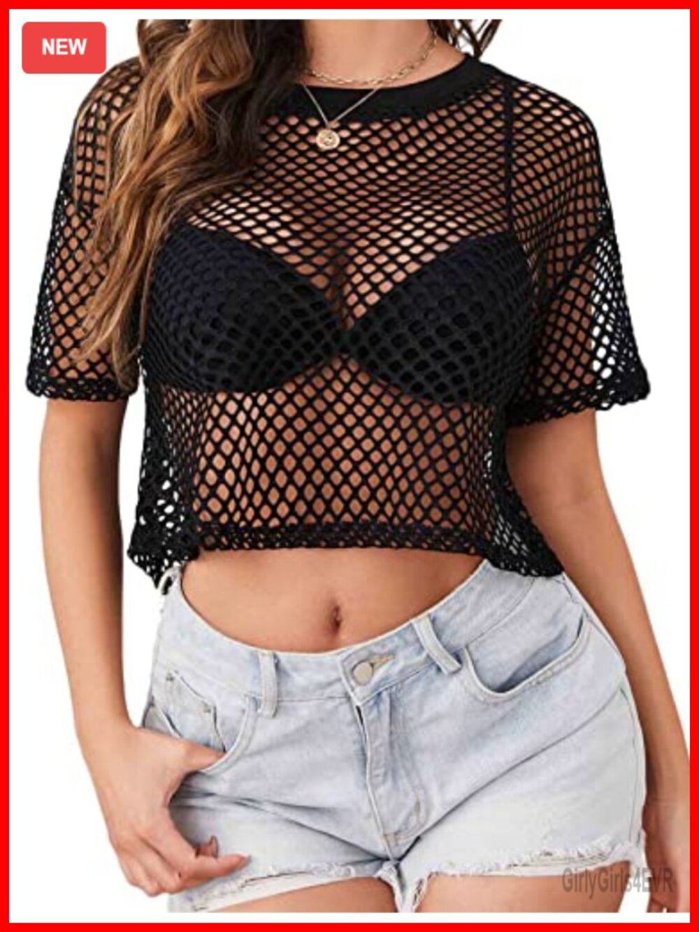 Sheer Fishnet Short Sleeve Crop Top Mesh See Through Crew Neck